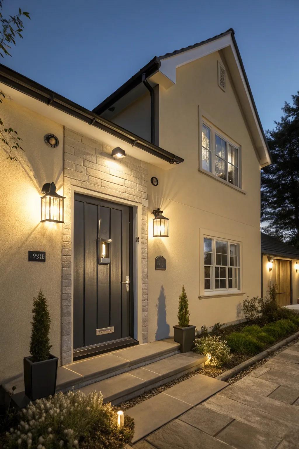 Charcoal front door provides a sophisticated contrast to a beige house.