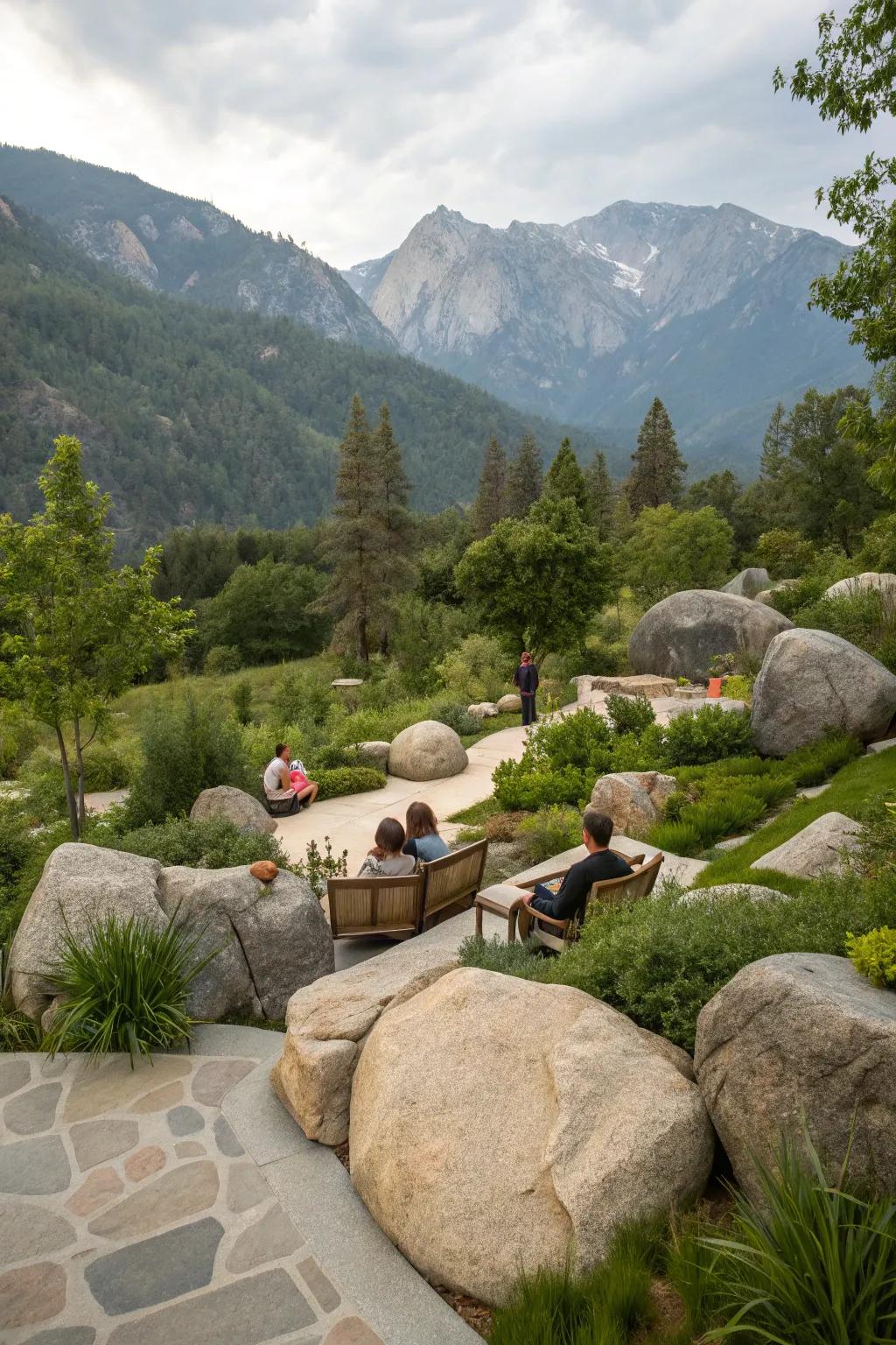 Boulders proffering innate seating and visual magnets within the garden.