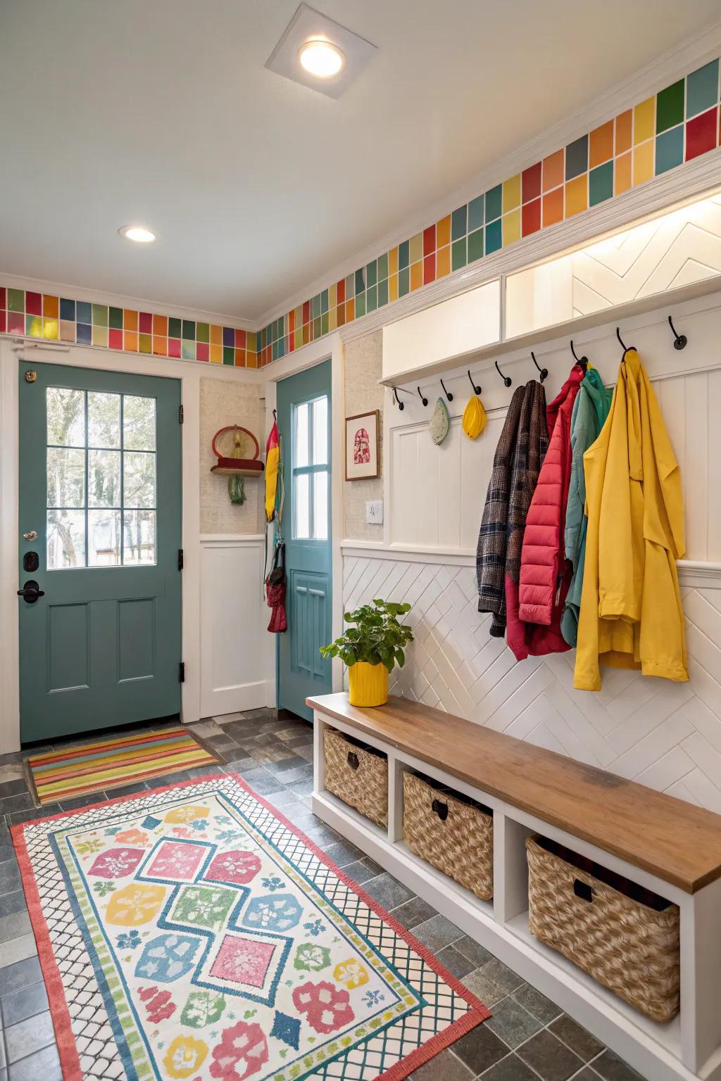 Vibrant colors bringing life to a mudroom