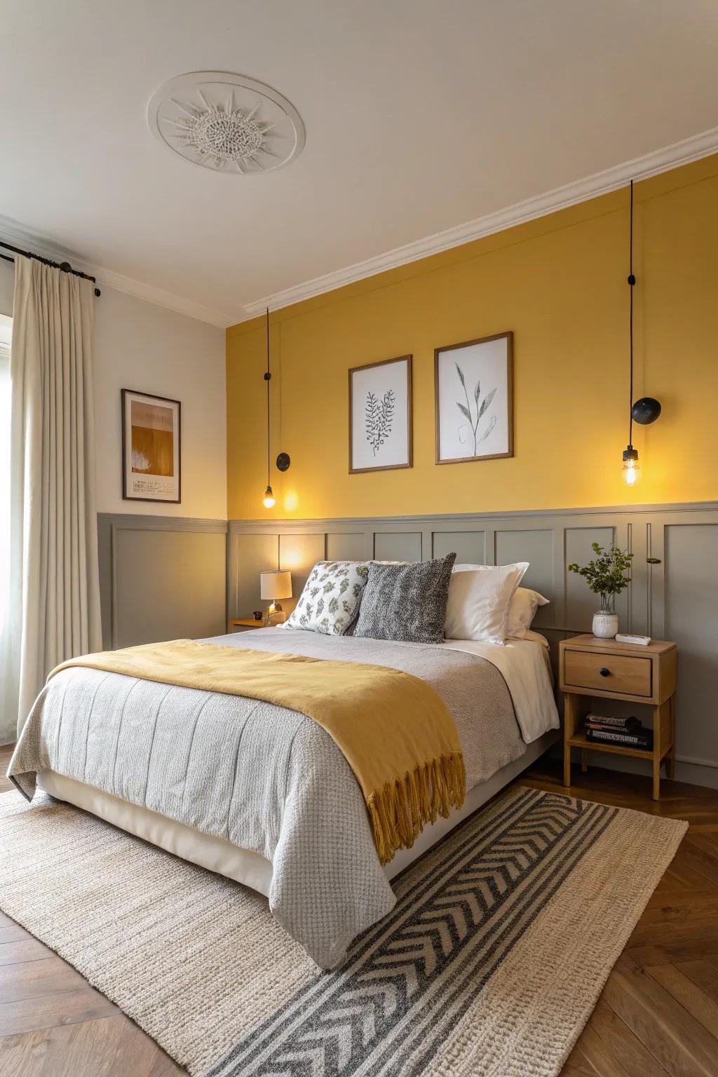 A bedroom with two-tone walls in mustard yellow and soft gray.