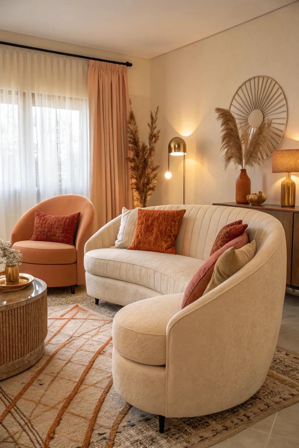 Curved furniture encourages comfort and a sense of flow.
