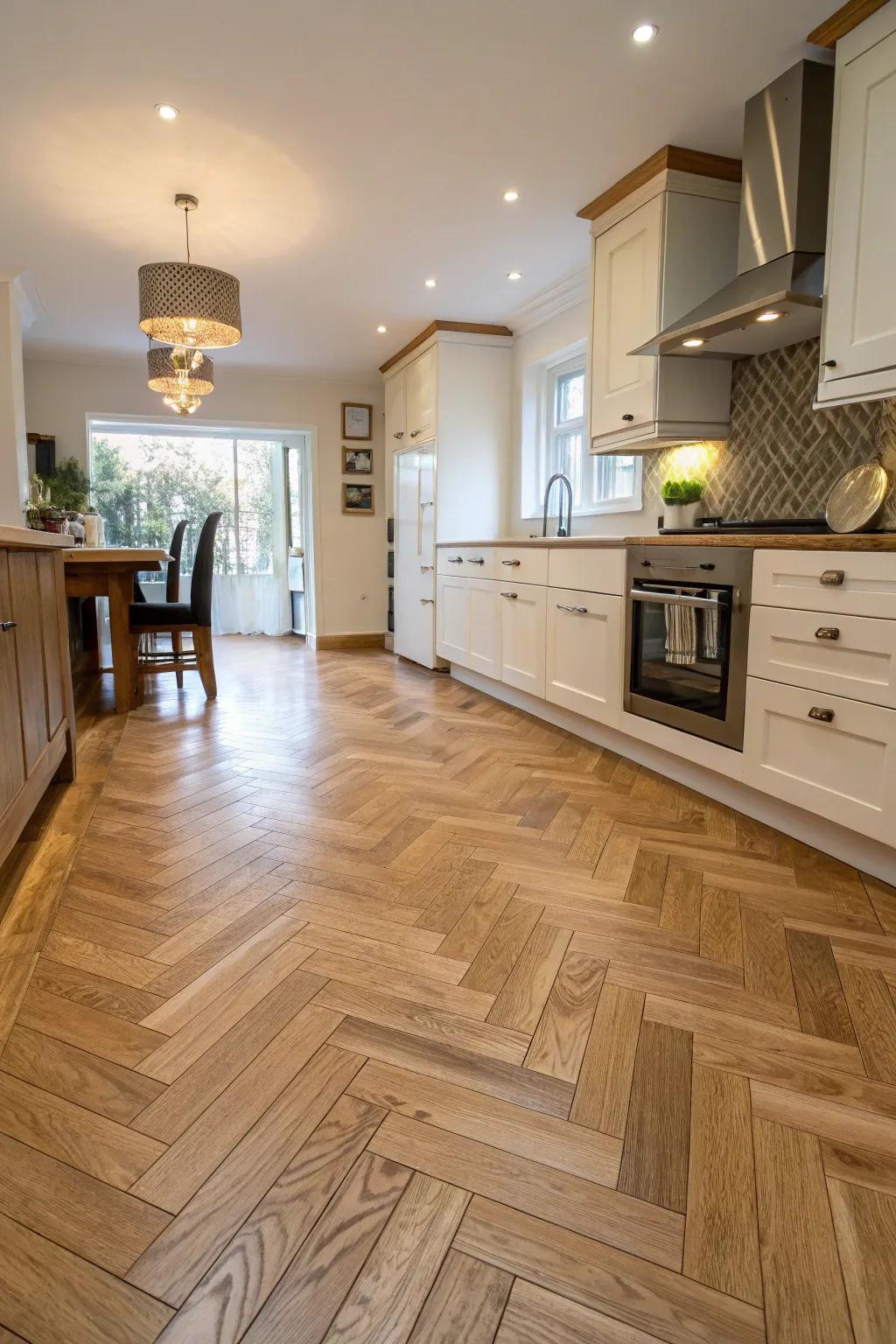 Herringbone pattern elevating the oak floor design.