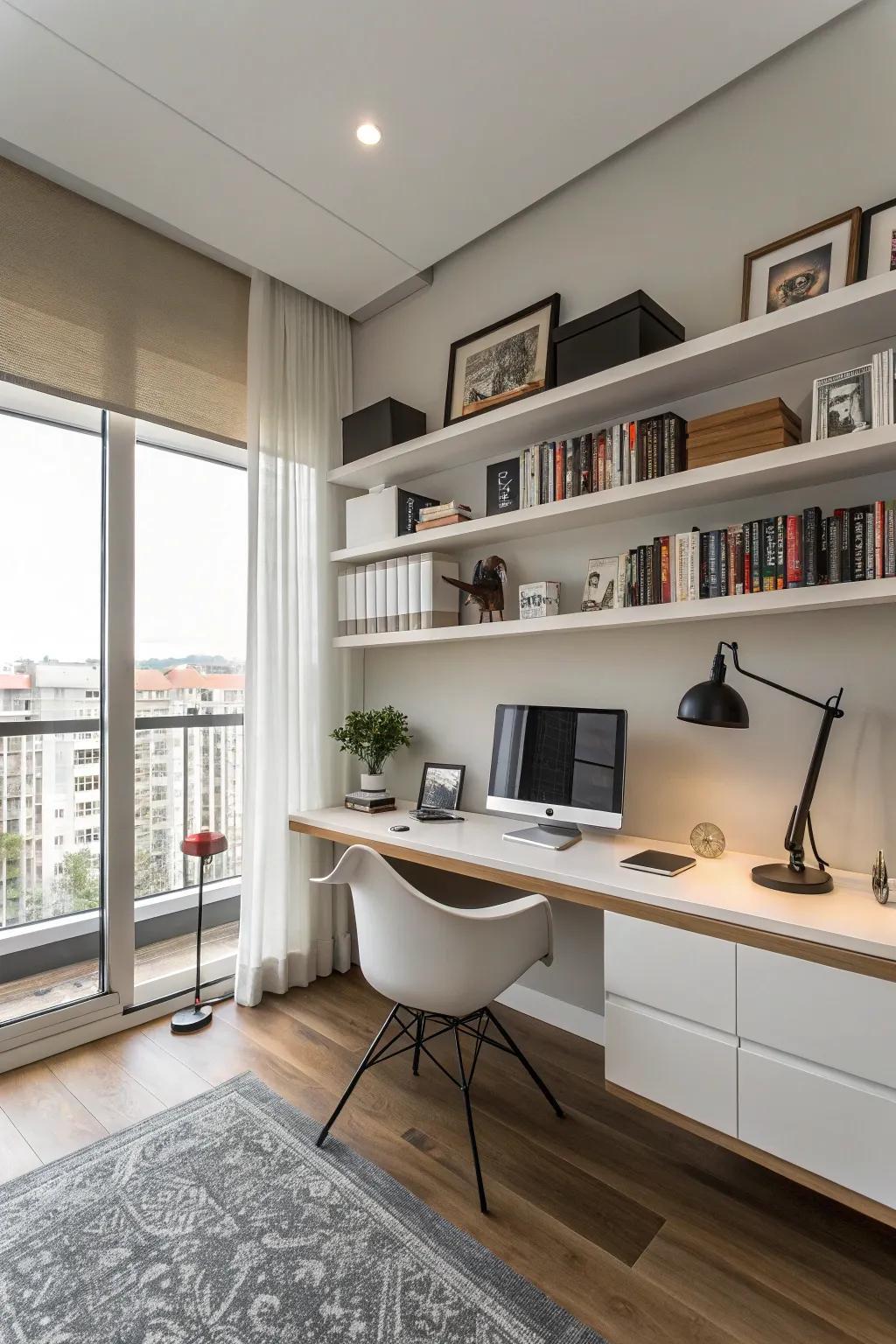 Floating shelves for a sleek and modern look.