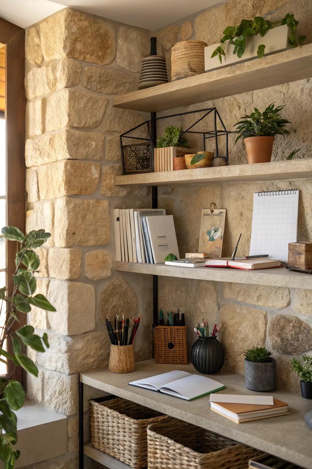 Natural stone shelves bring an earthy and unique vibe to your space.