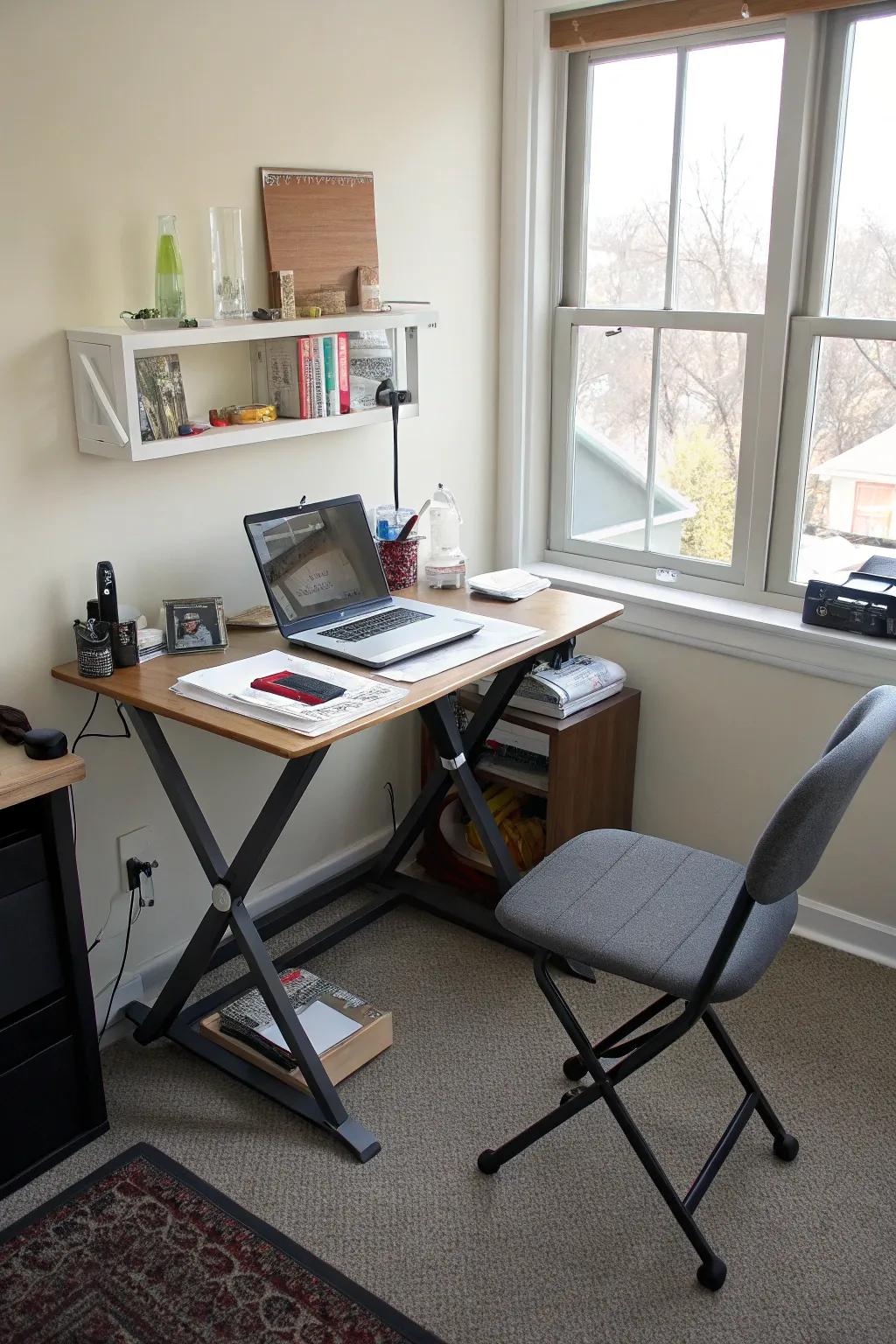 Alternate between sitting and standing with an adjustable writing table.