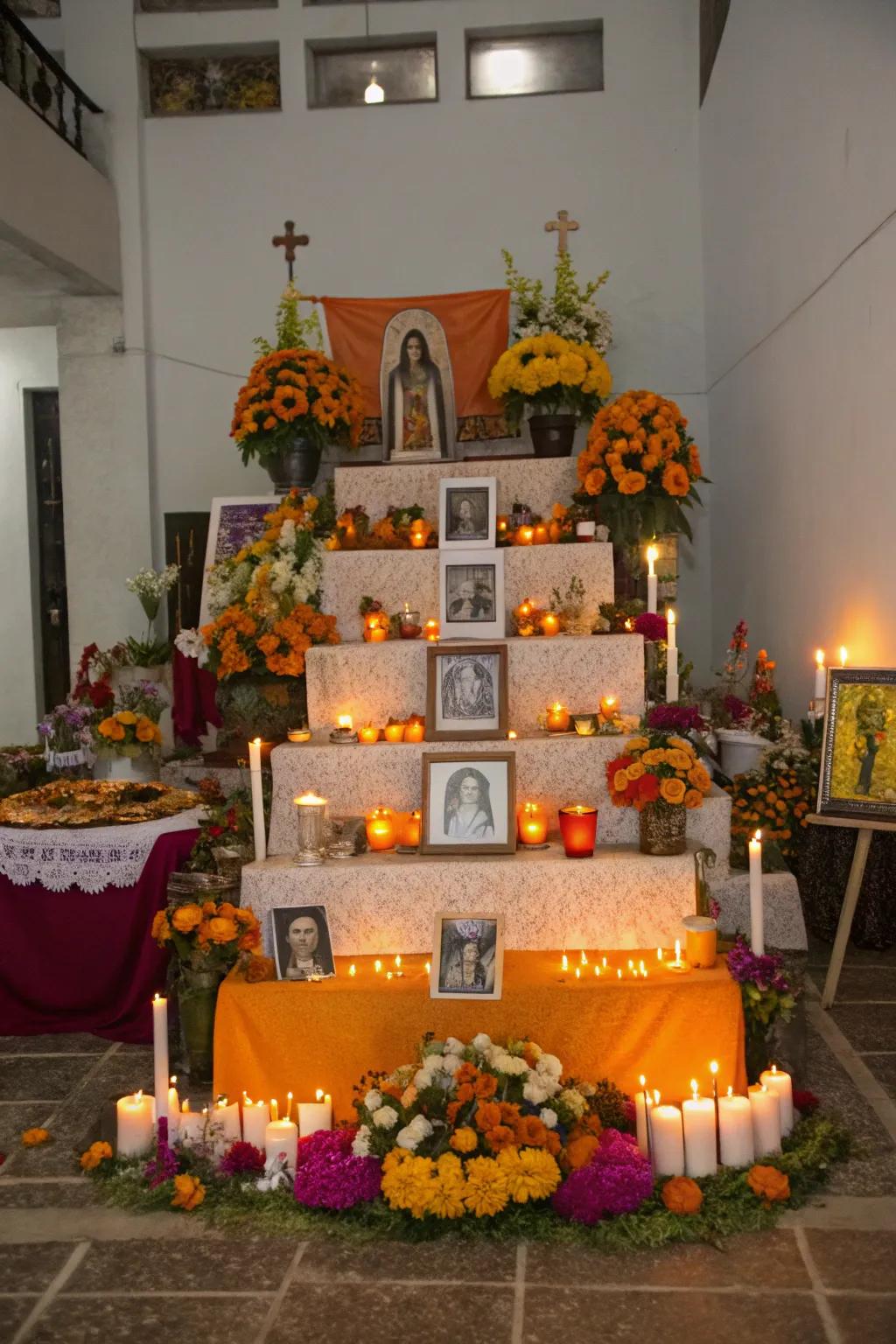 Multi-tiered ofrendas symbolize the journey between heaven and earth.