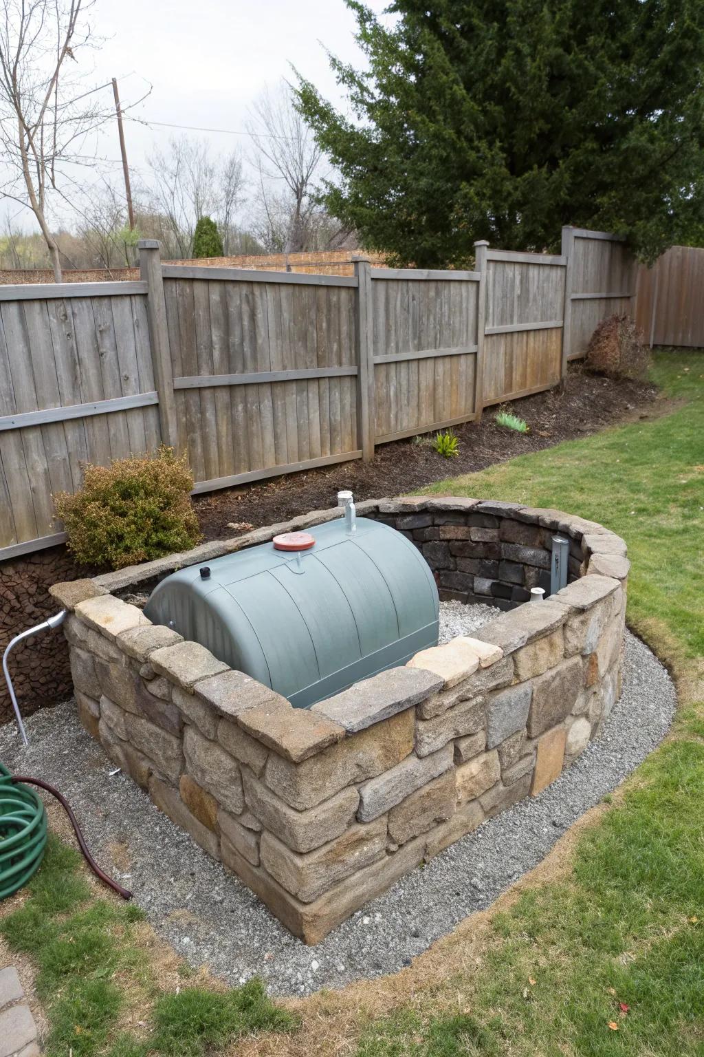 A sturdy stone wall elegantly concealing an oil tank.