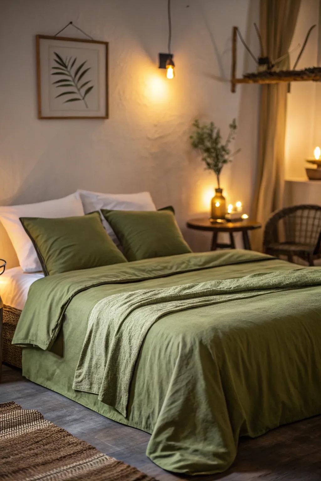 Warm lighting enhances the coziness of olive green bedding.