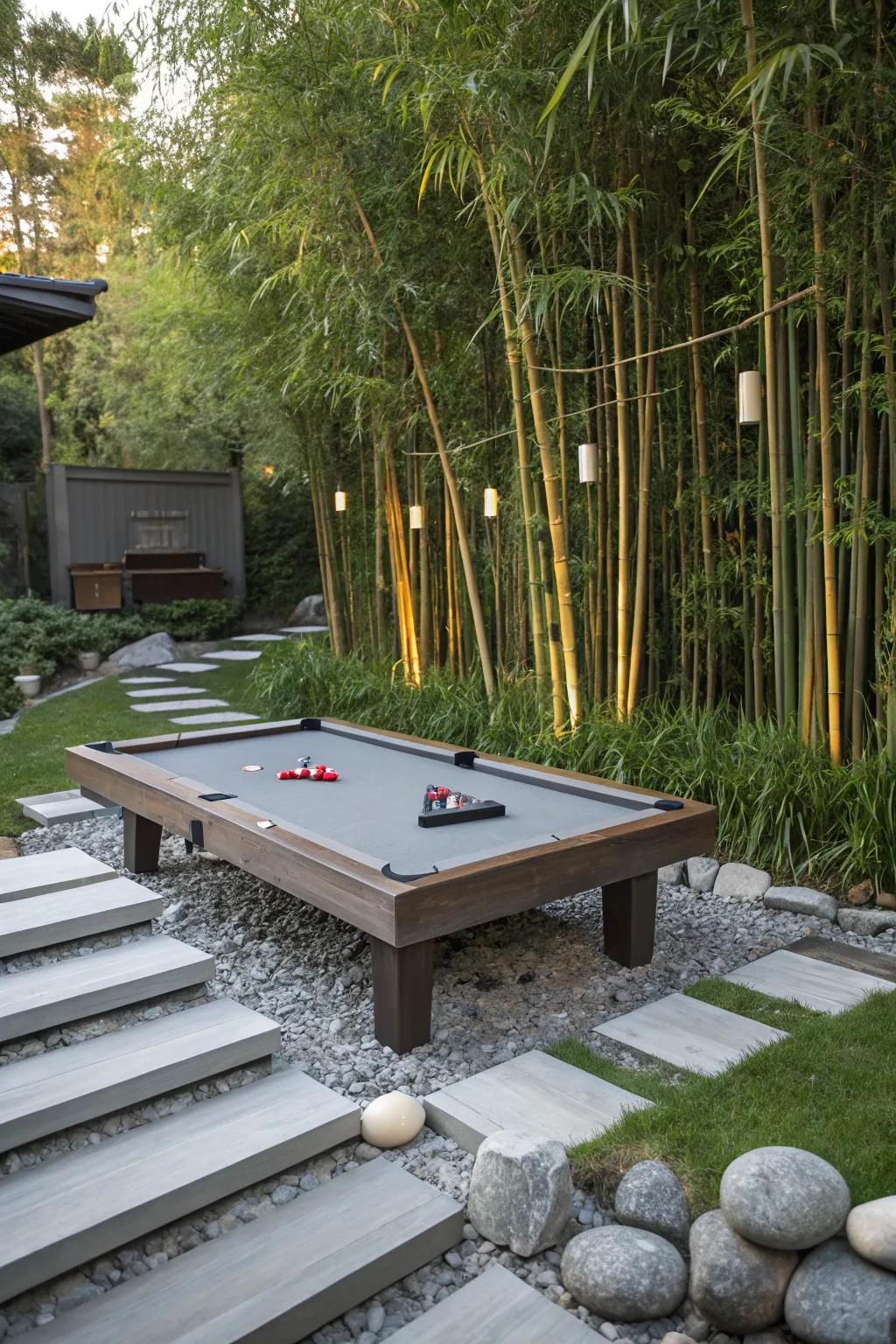 A billiards table nestled in a serene Zen garden.