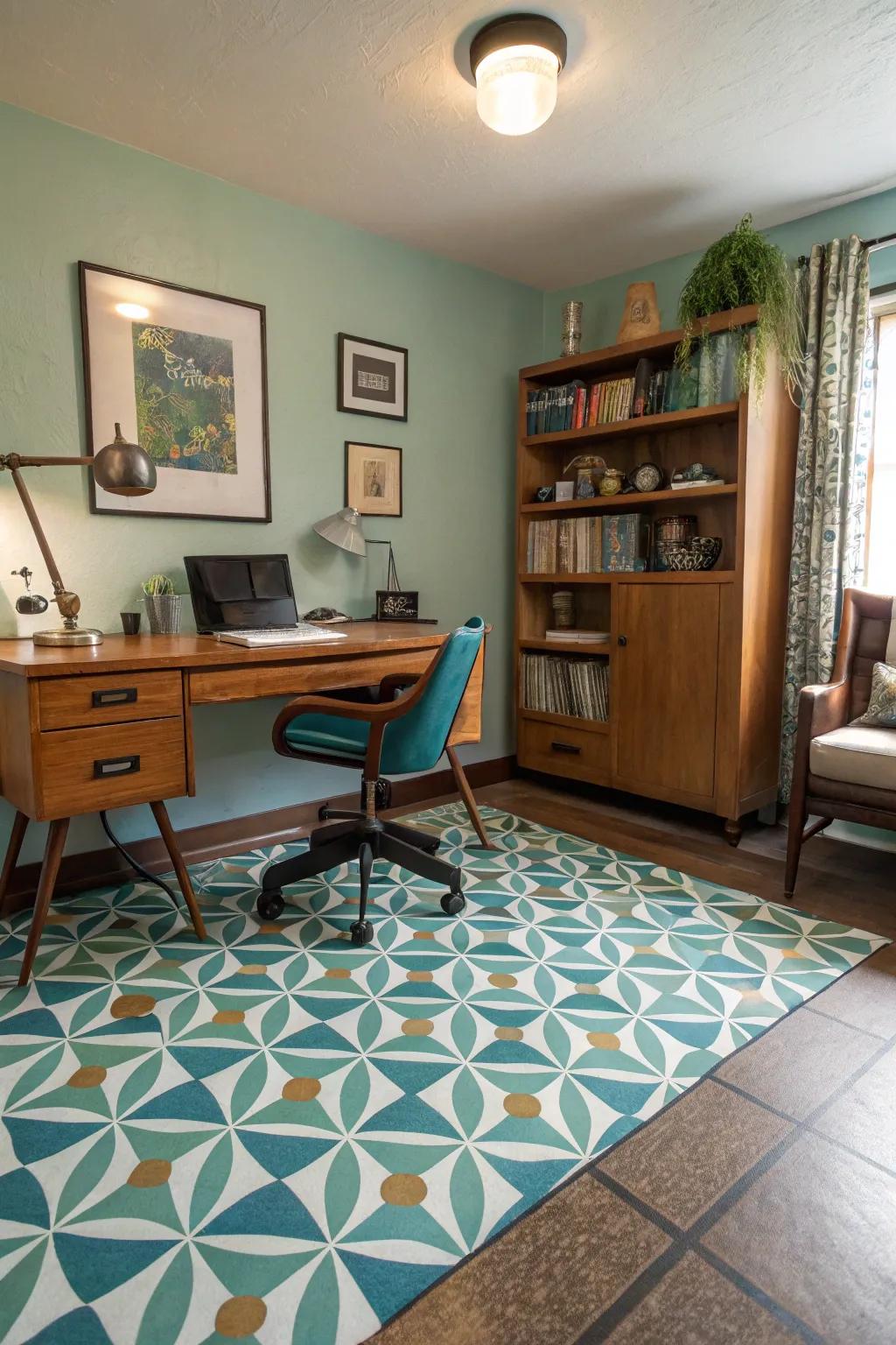 A home office with vintage vinyl painted floors, offering a retro and nostalgic charm.