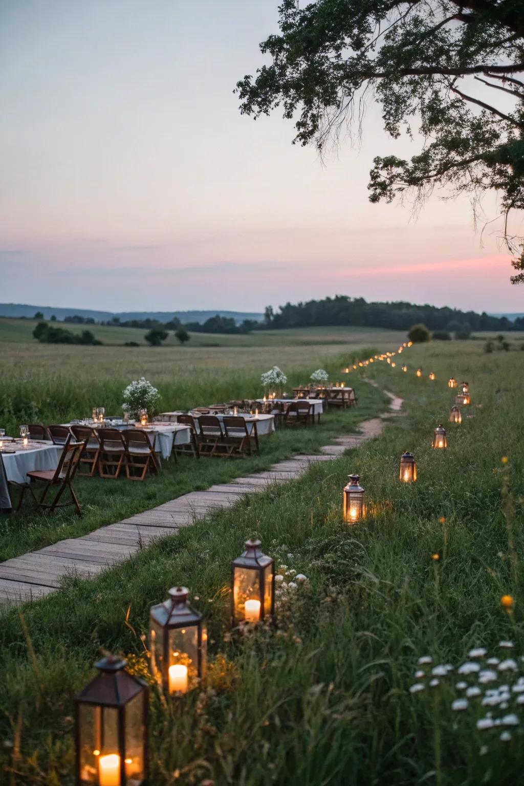 Lanterns add warmth and charm to the pasture setting.