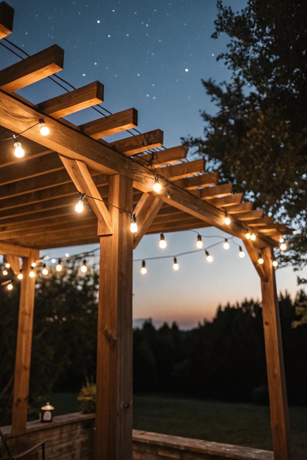 String lights add a magical evening ambiance to this pergola.