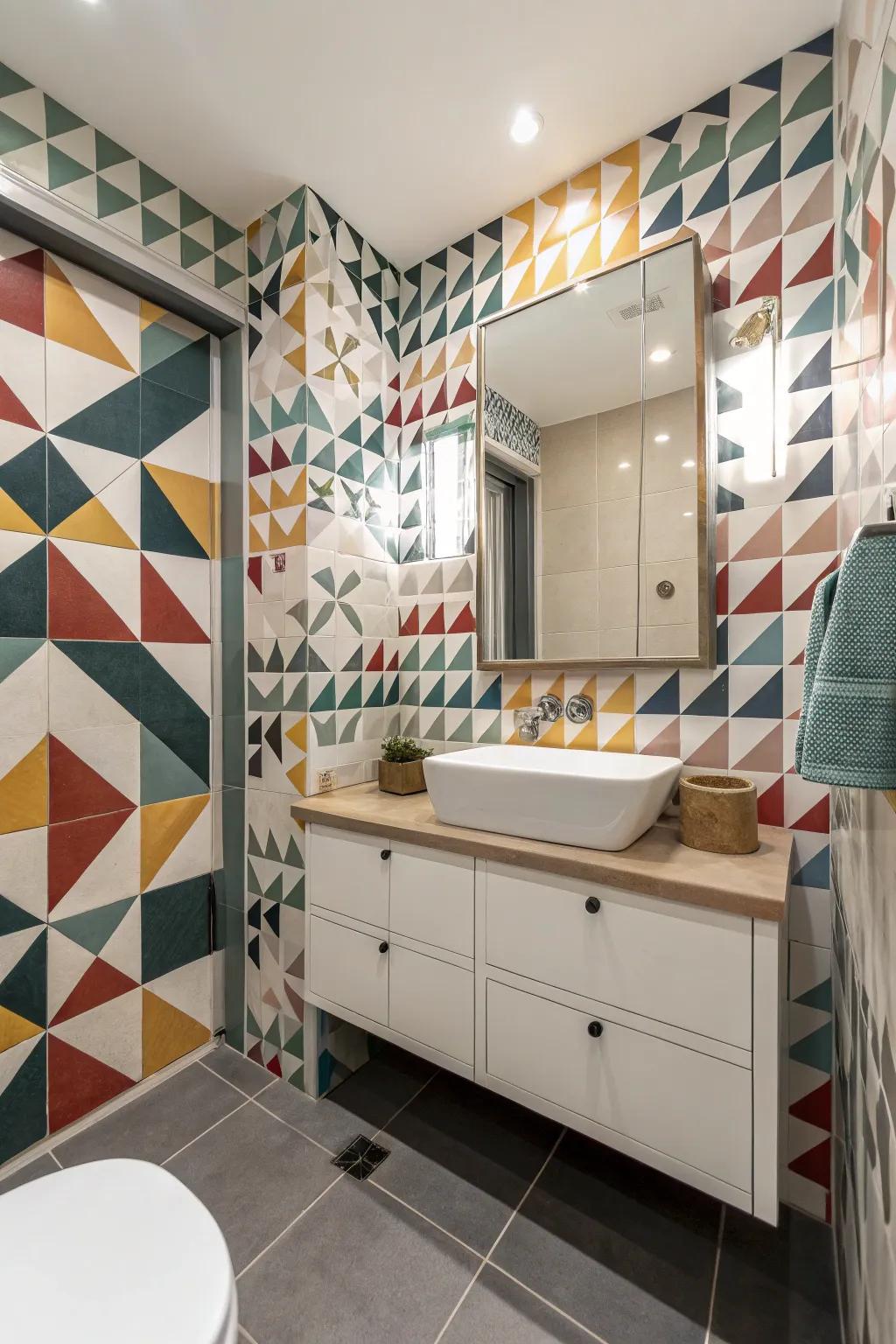 Geometric patterns add a modern edge to bathroom design.