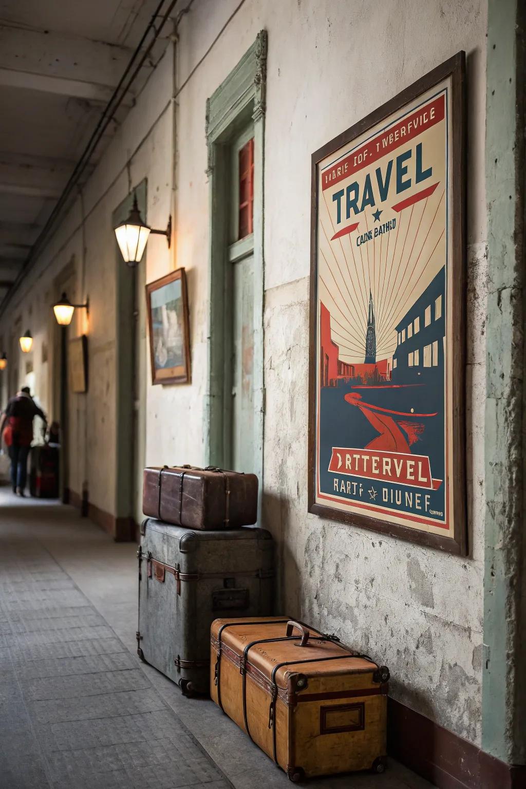 A vintage style travel poster creating nostalgia in a hallway.