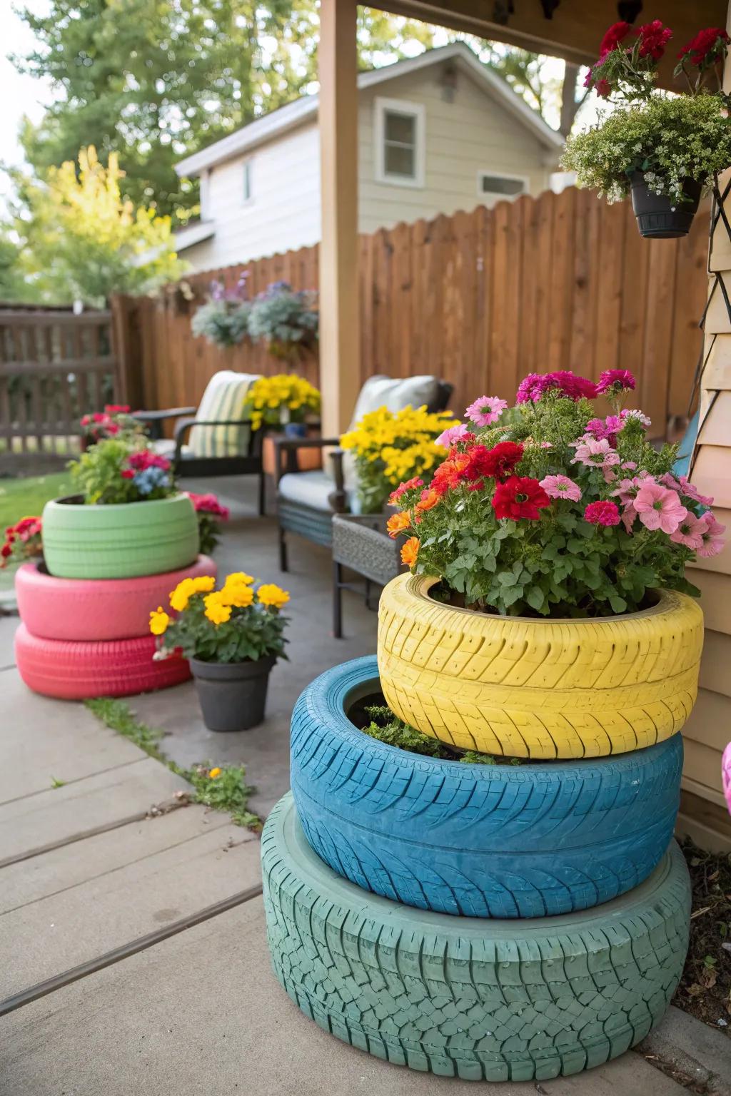 Get playful with repurposed tire planters.