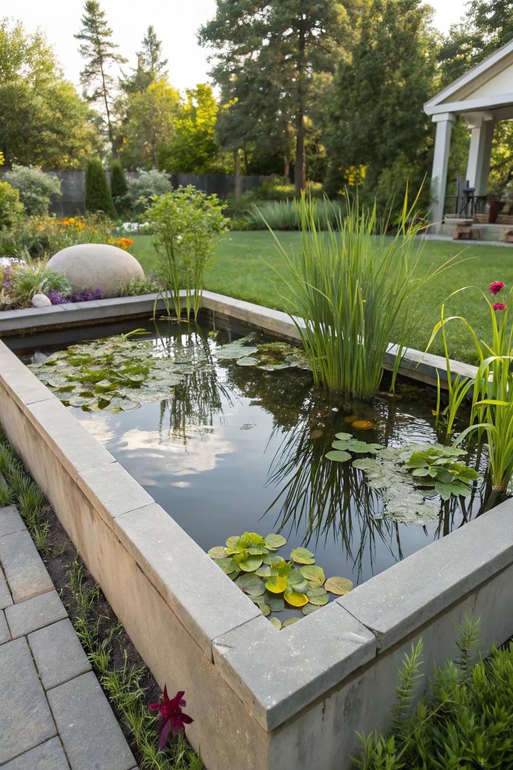 A raised pond bed making aquatic beauty accessible and safe.