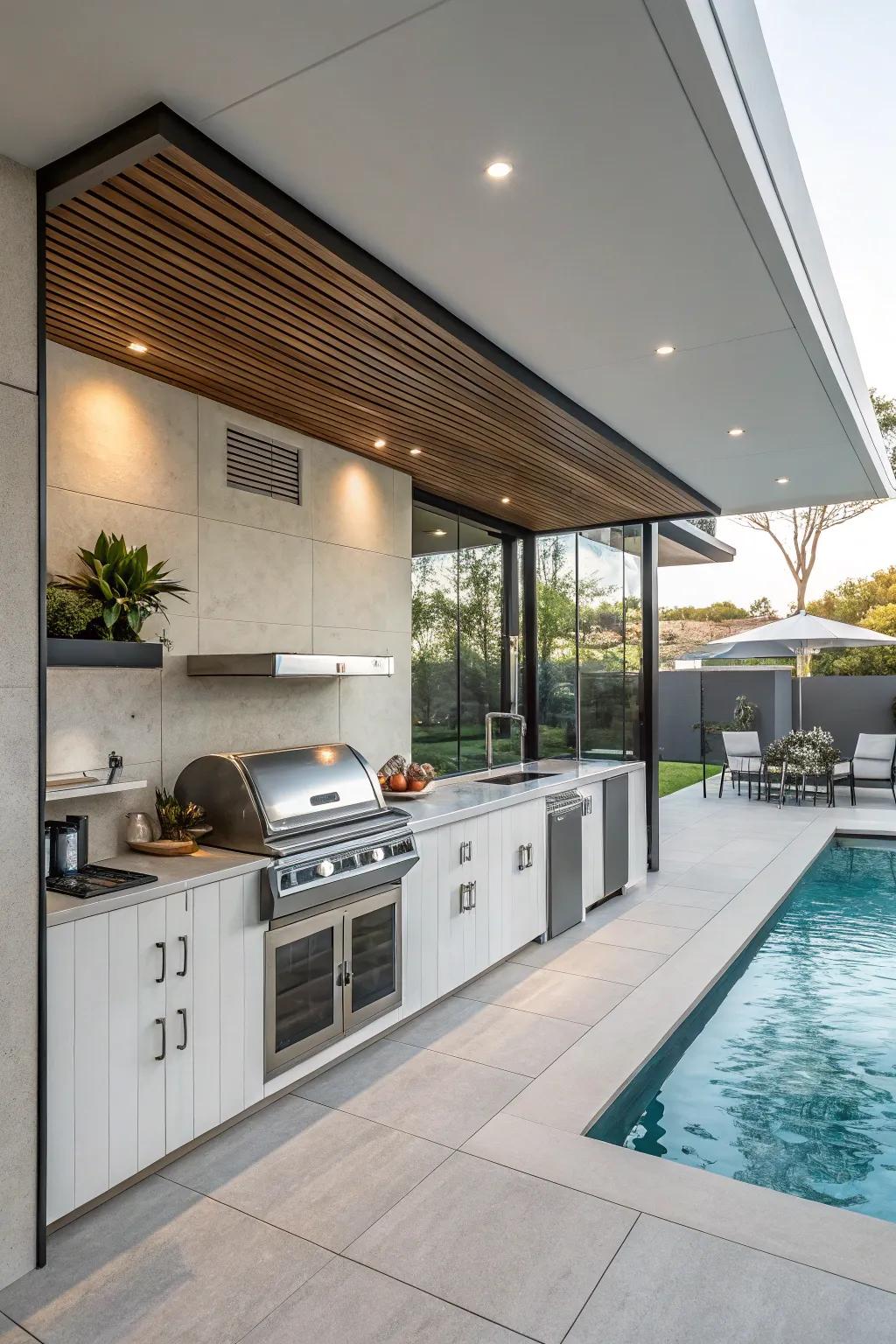 A built-in grill; great for poolside barbecues.