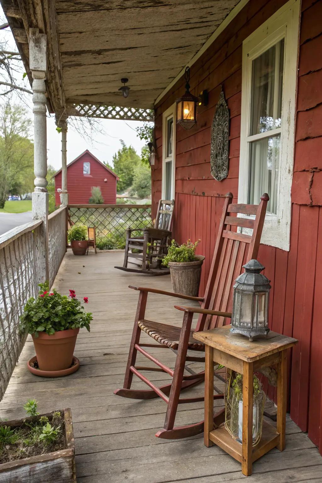 A rustic barn red porch that offers a cozy and nostalgic atmosphere.