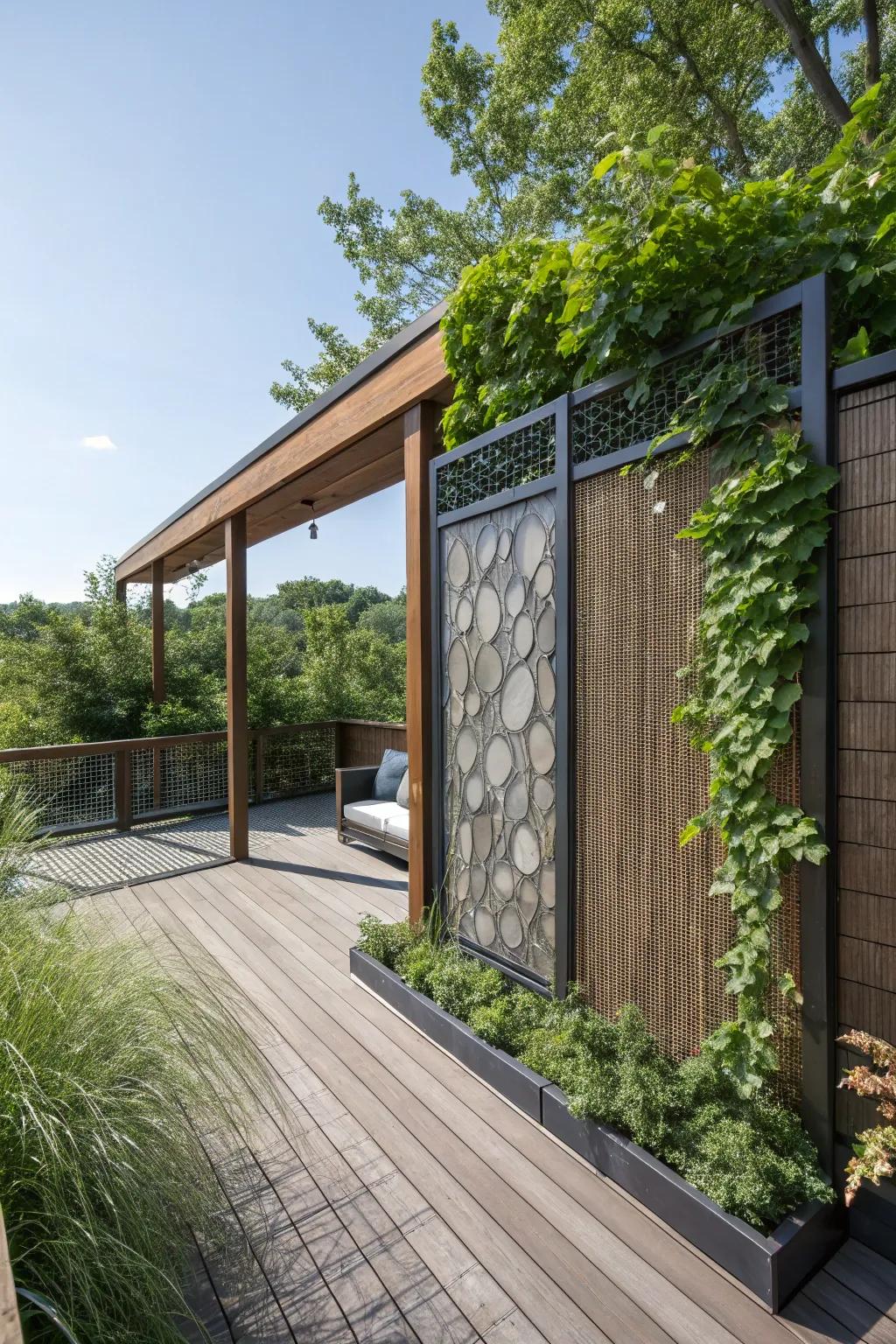 A privacy screen with mixed materials adds depth and interest to a deck.