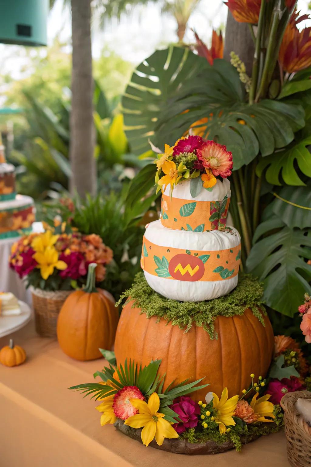 Tropical pumpkin diaper cakes bring warmth and sunshine to an autumn theme.