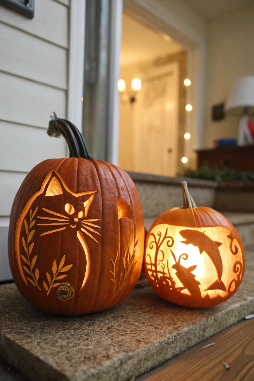 A playful cat and fishbowl pumpkin duo for a unique Halloween setup.