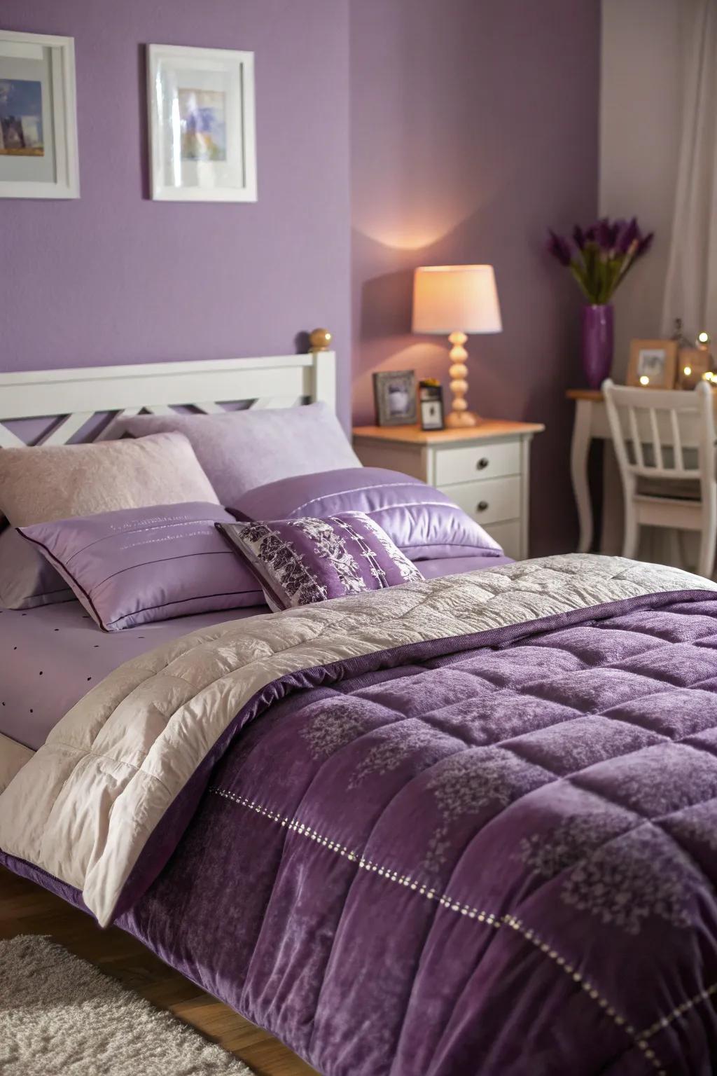 Layered luxurious bedding enhancing the comfort of a purple bedroom.