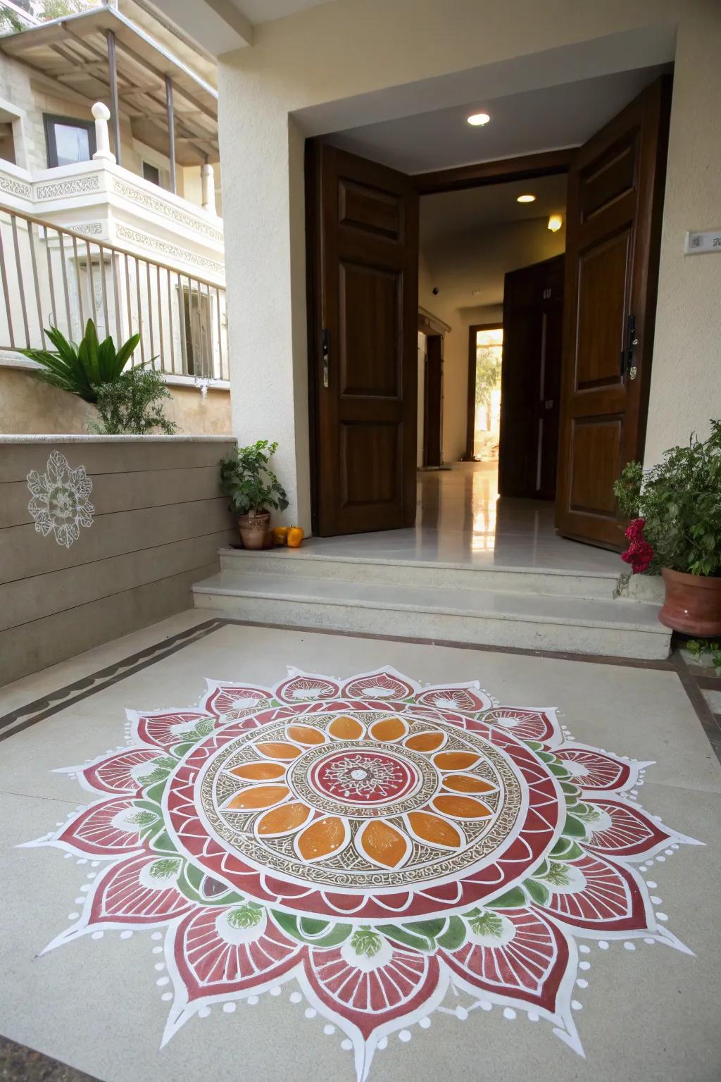 Rice flour offers a pure and elegant touch to this traditional rangoli.