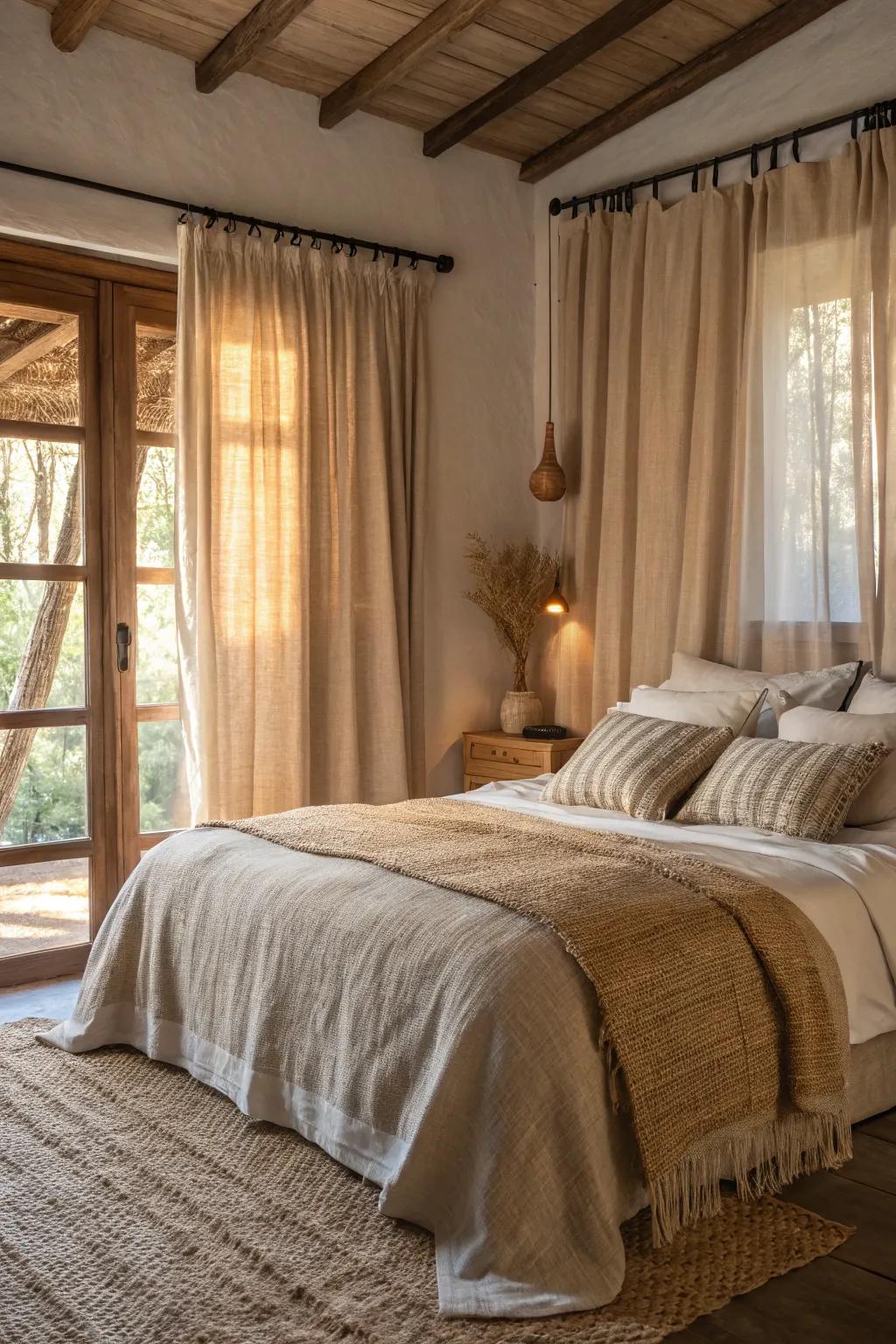 Textured fabrics add depth and warmth to the bedroom.