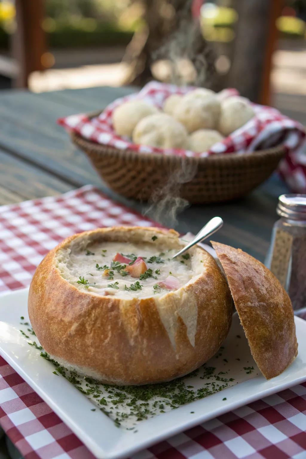 Clam chowder in a bread bowl, perfect for a cozy picnic treat.