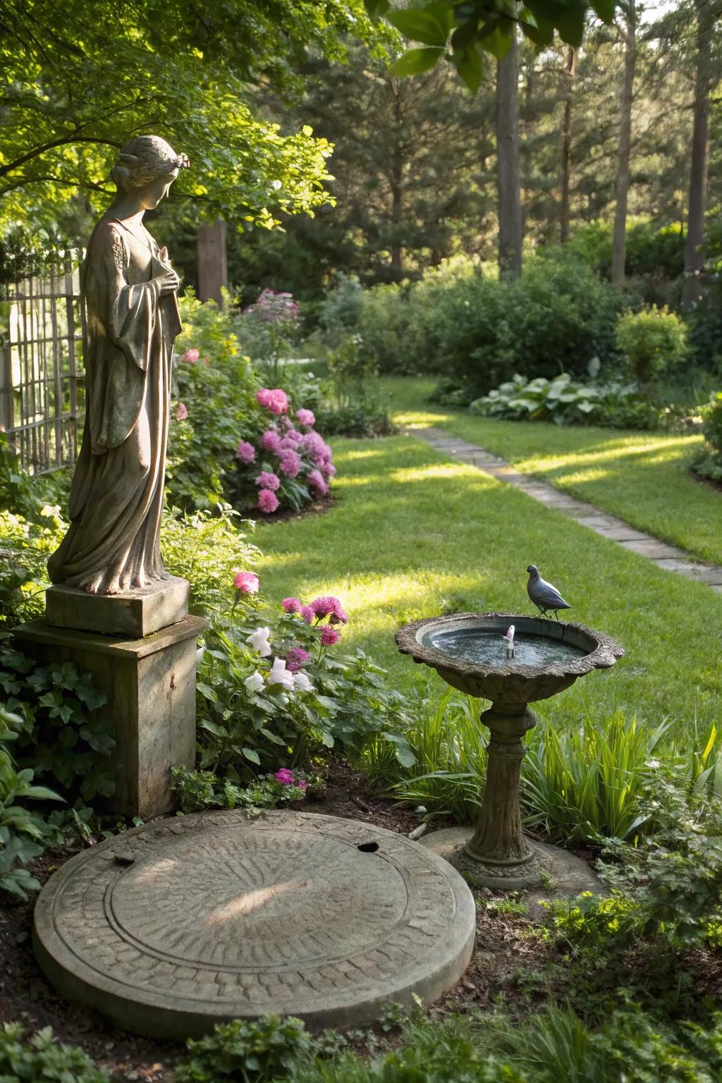 Statues and bird baths create elegant garden features.