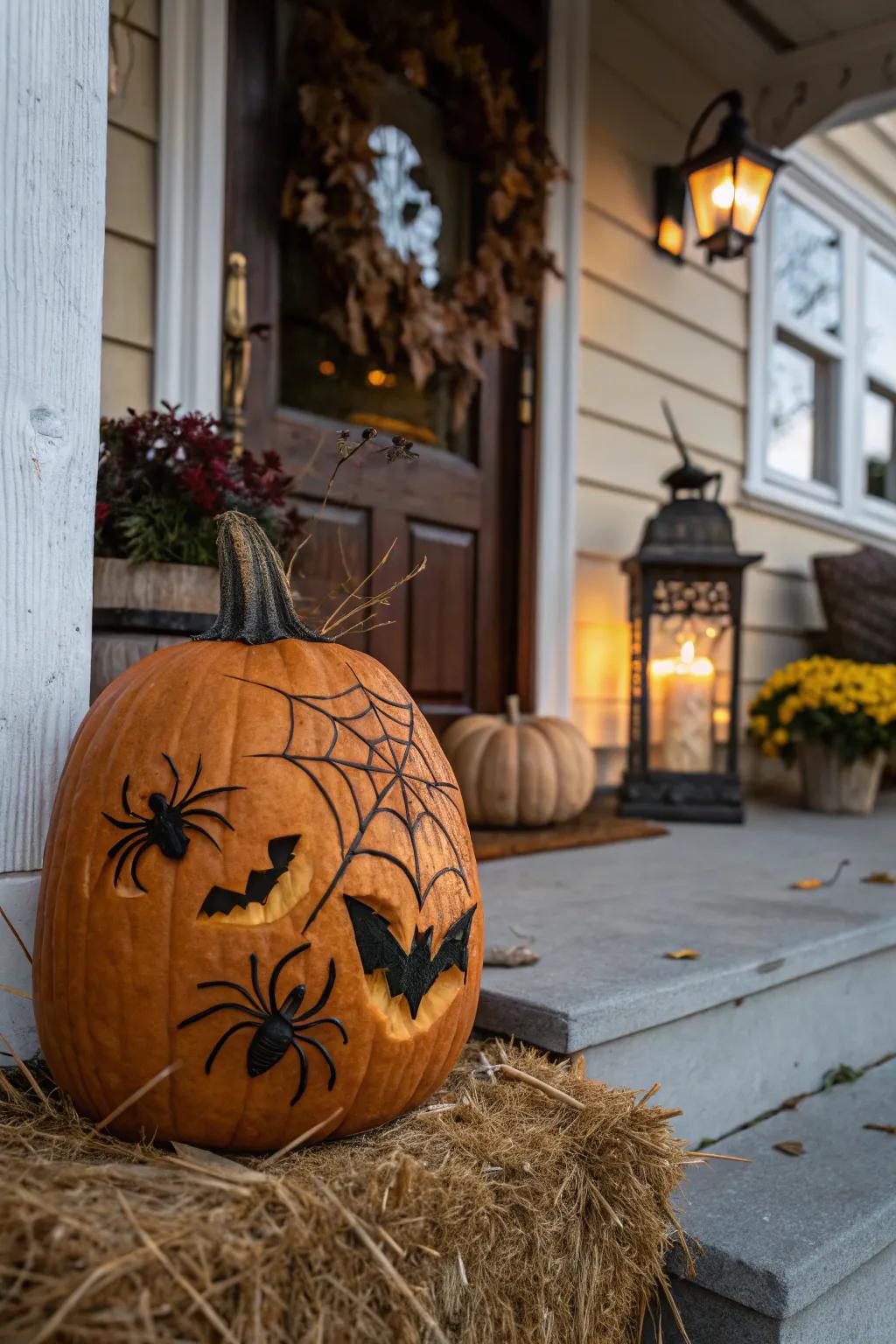 A pumpkin adorned with creepy critters, ready for Halloween.