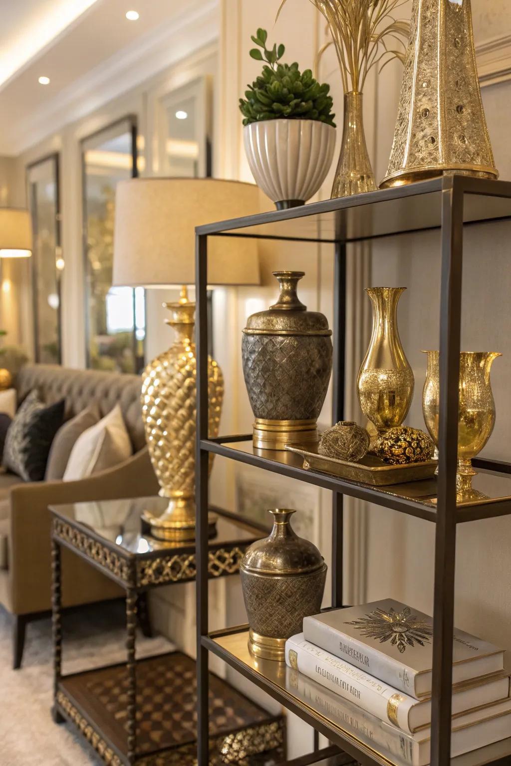 Metallic elements add sophistication and glamour to shelves.