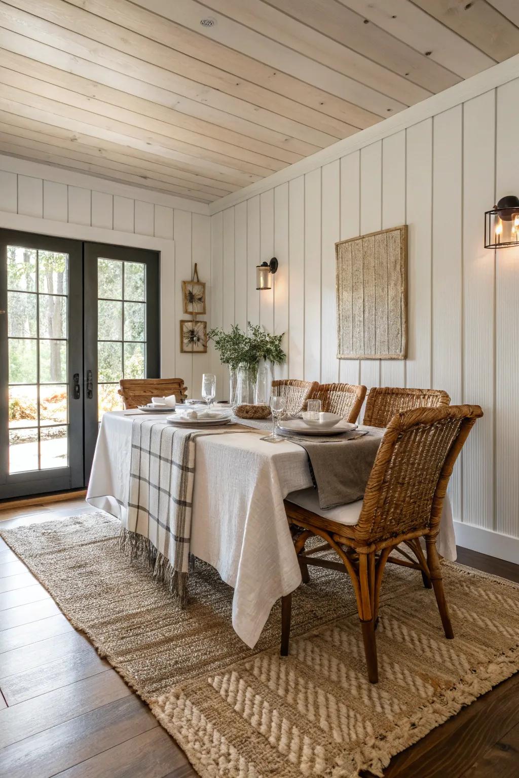 A dining room with textured layers and shiplap walls.