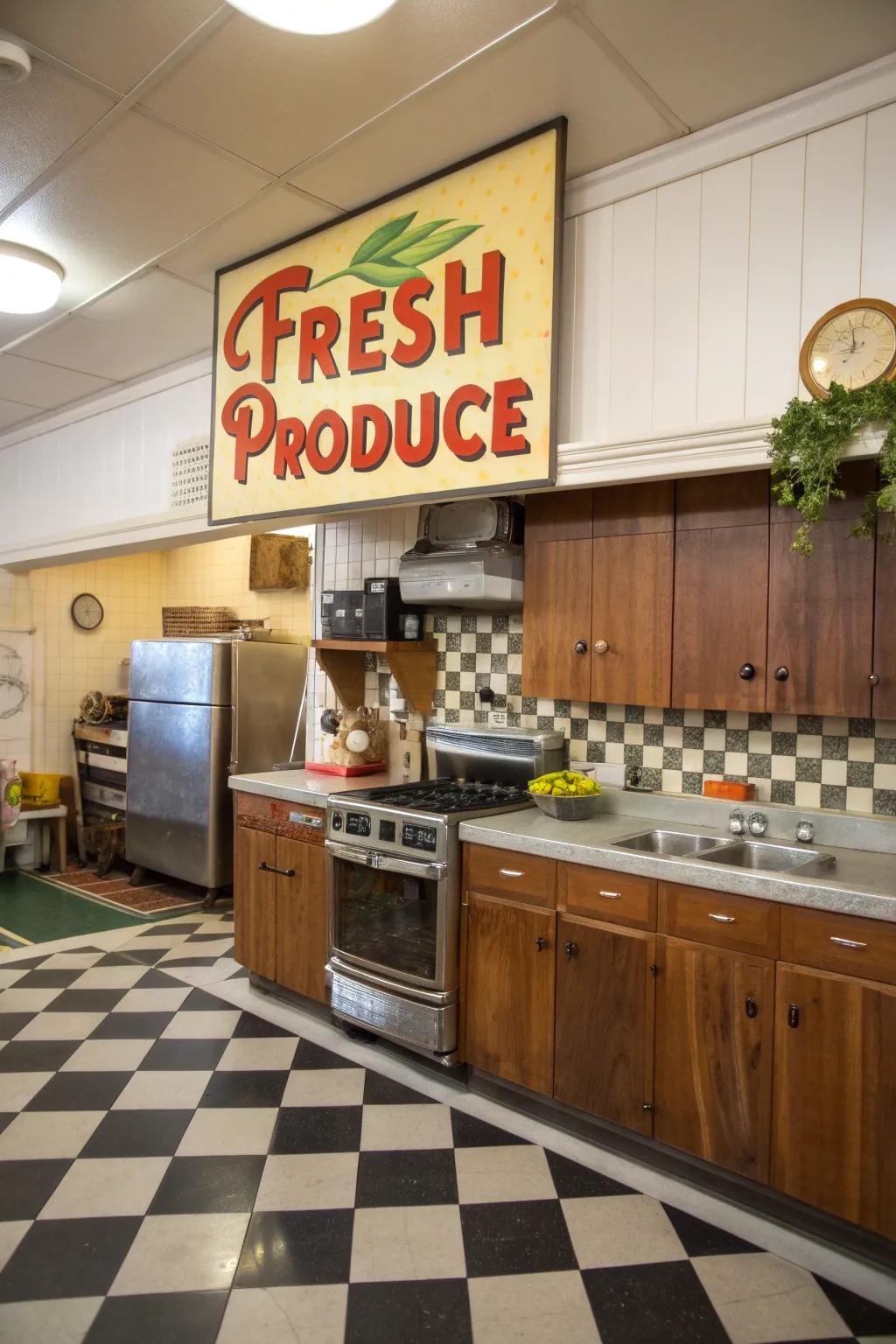 A retro-styled kitchen featuring a vintage 'Fresh Produce' market sign.