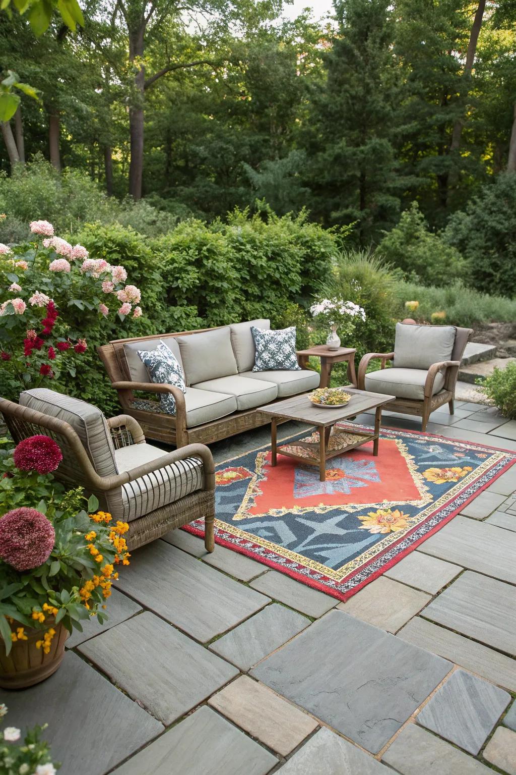 A slate patio enhanced with a vibrant outdoor floor covering.