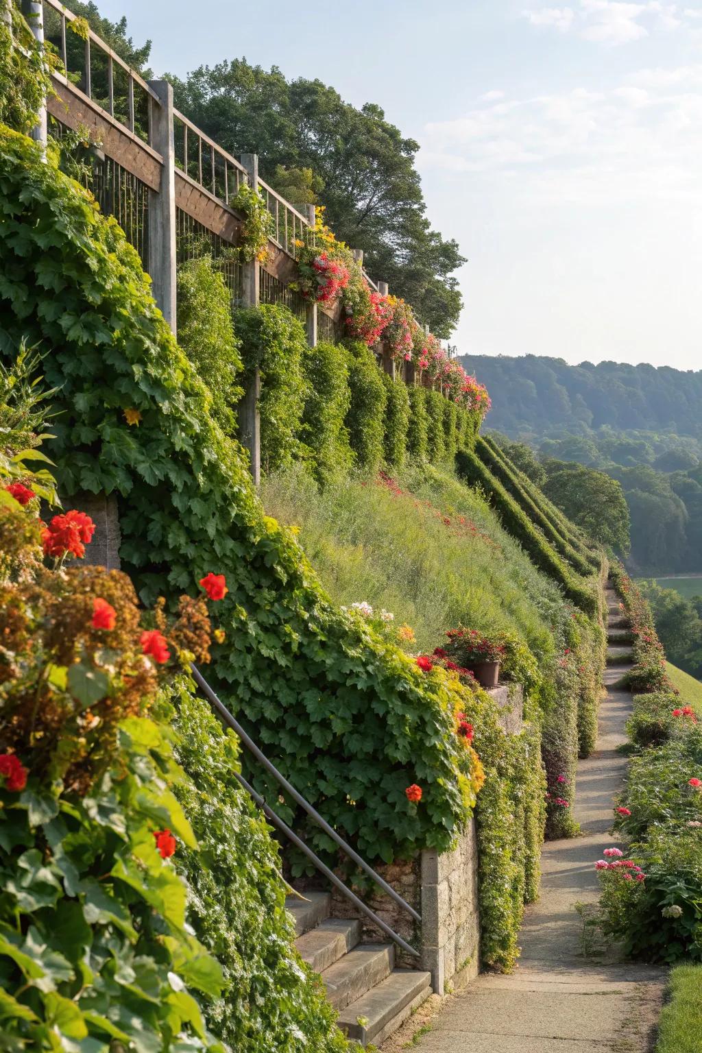 Vertical gardens add an innovative touch to this sloped area.