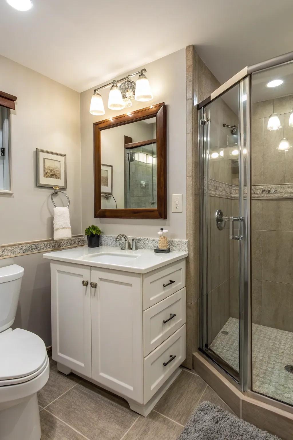 A corner vanity that maximizes space and adds functionality to a compact bathroom.