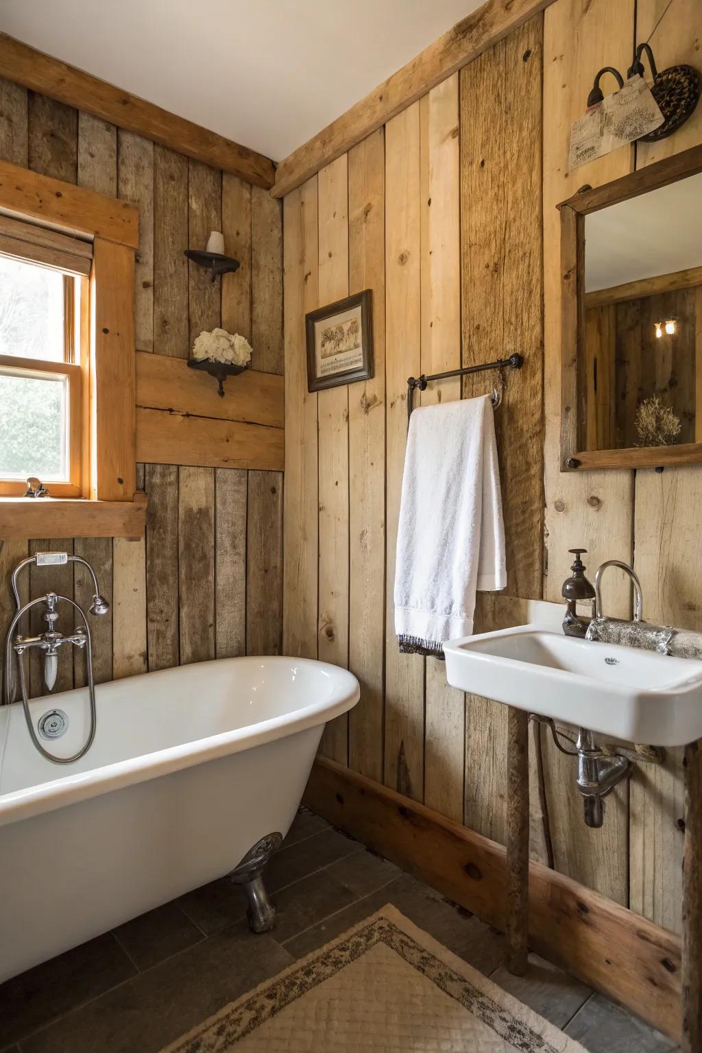 Barnwood segments in a compact bathroom, proffering rustic allure and coziness.