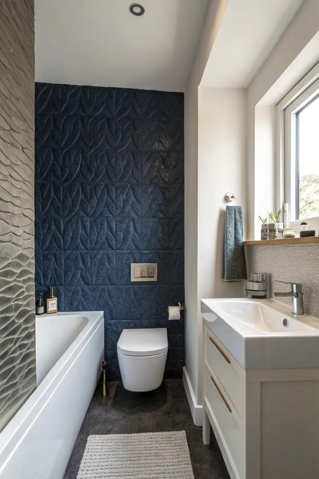 A textured blue accent wall creates a striking feature in this small bathroom.