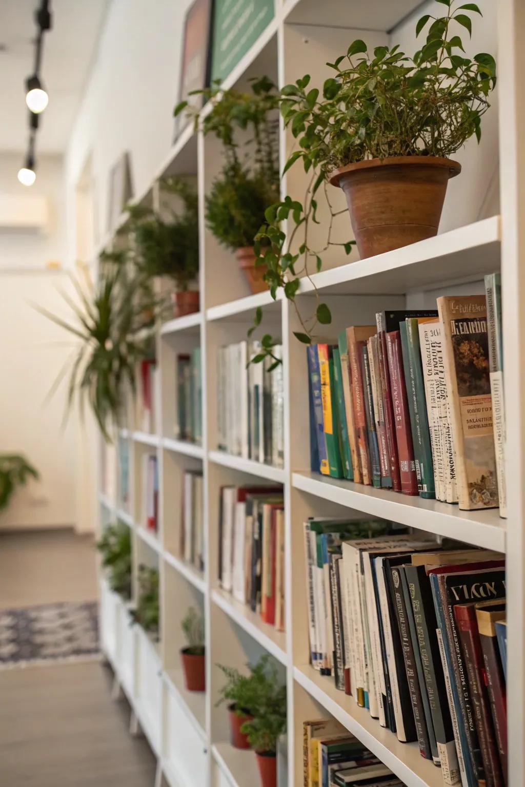 Plants add a fresh and vibrant element to your book collection.