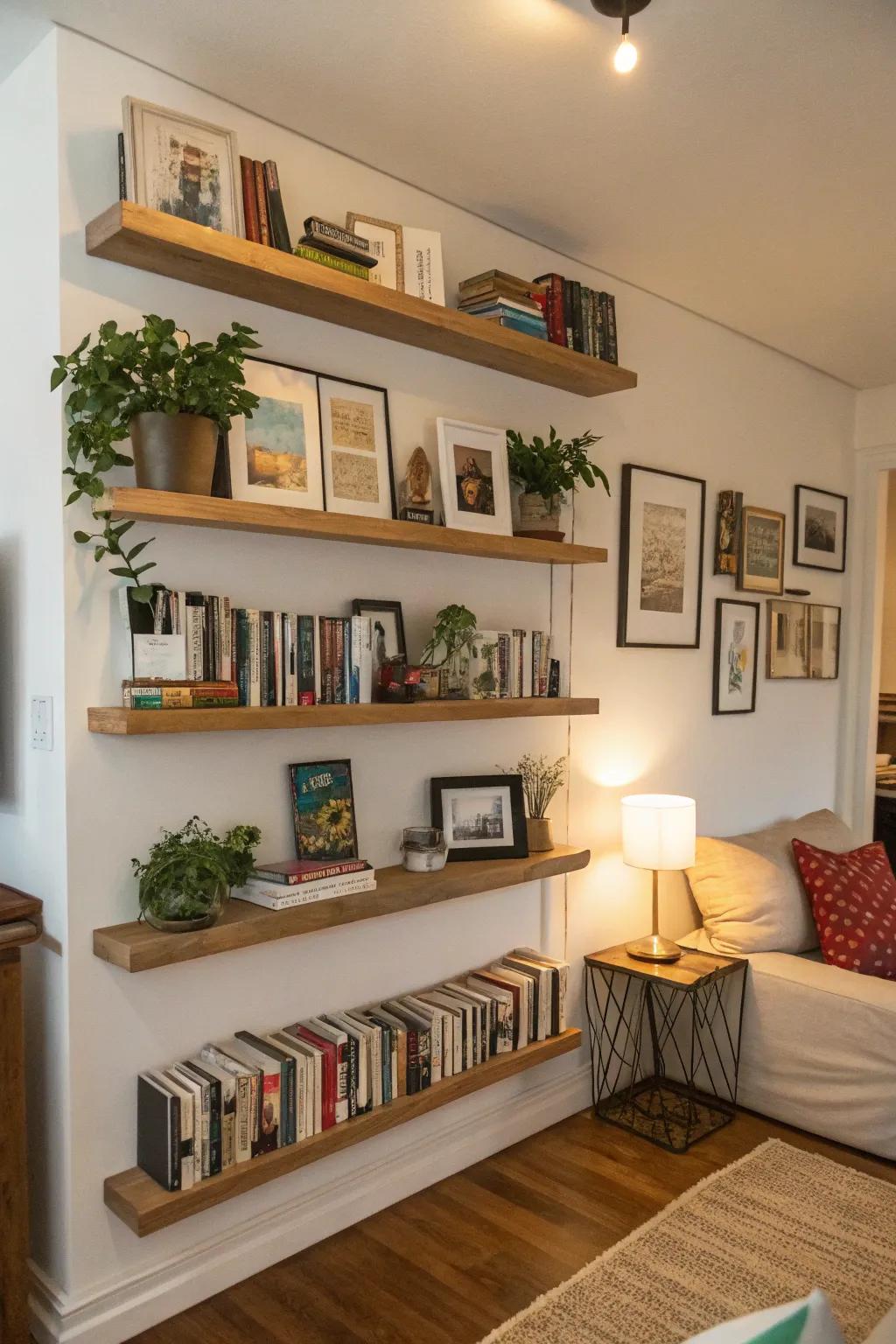 Floating shelves provide storage while keeping the floor clear.