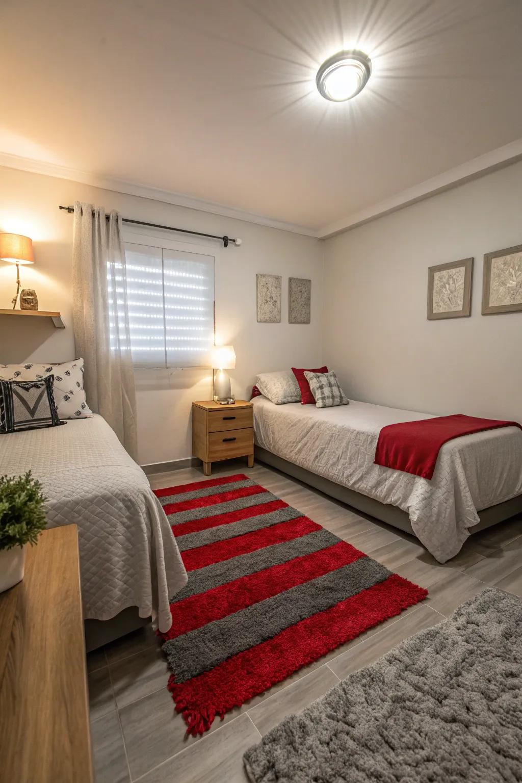 A small bedroom with a red or grey accent rug adding warmth and defining space.