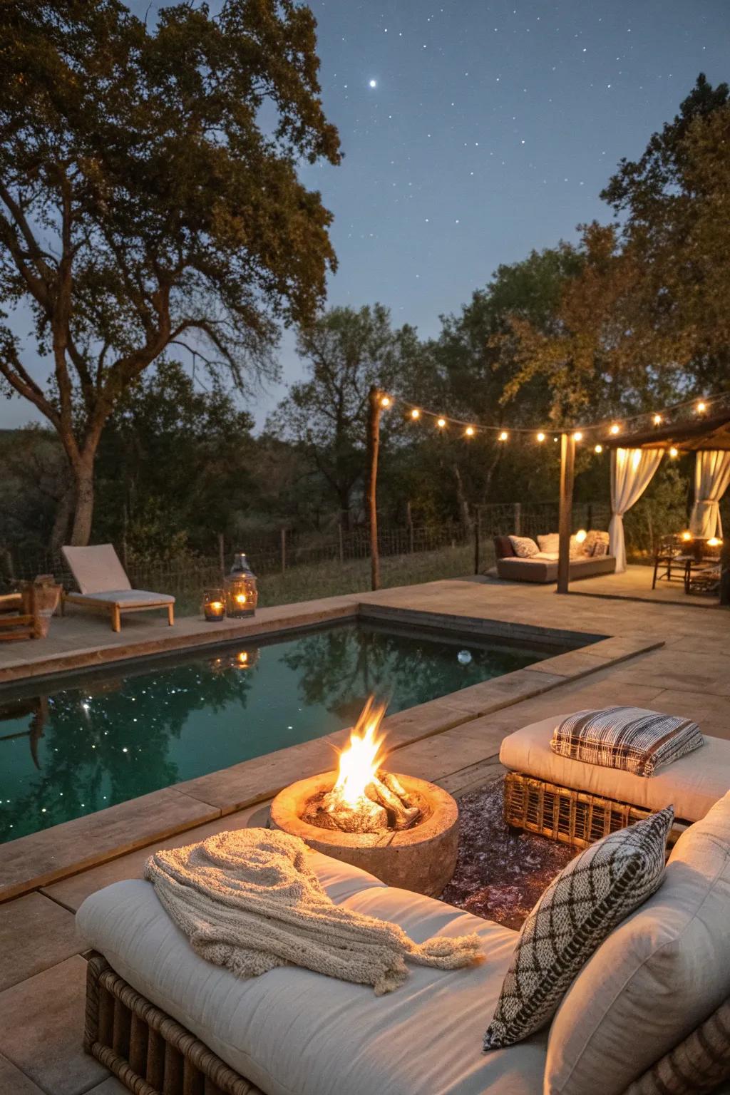 A poolside hearth crafting a cozy year-round spot.