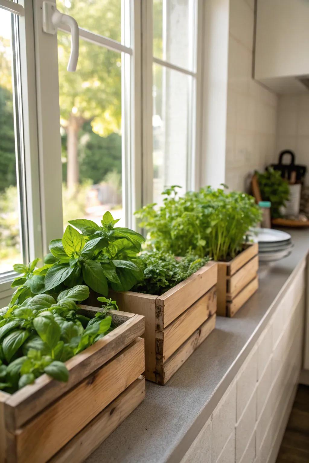 Window boxes grant effortless entry to fresh herbs for culinary applications.