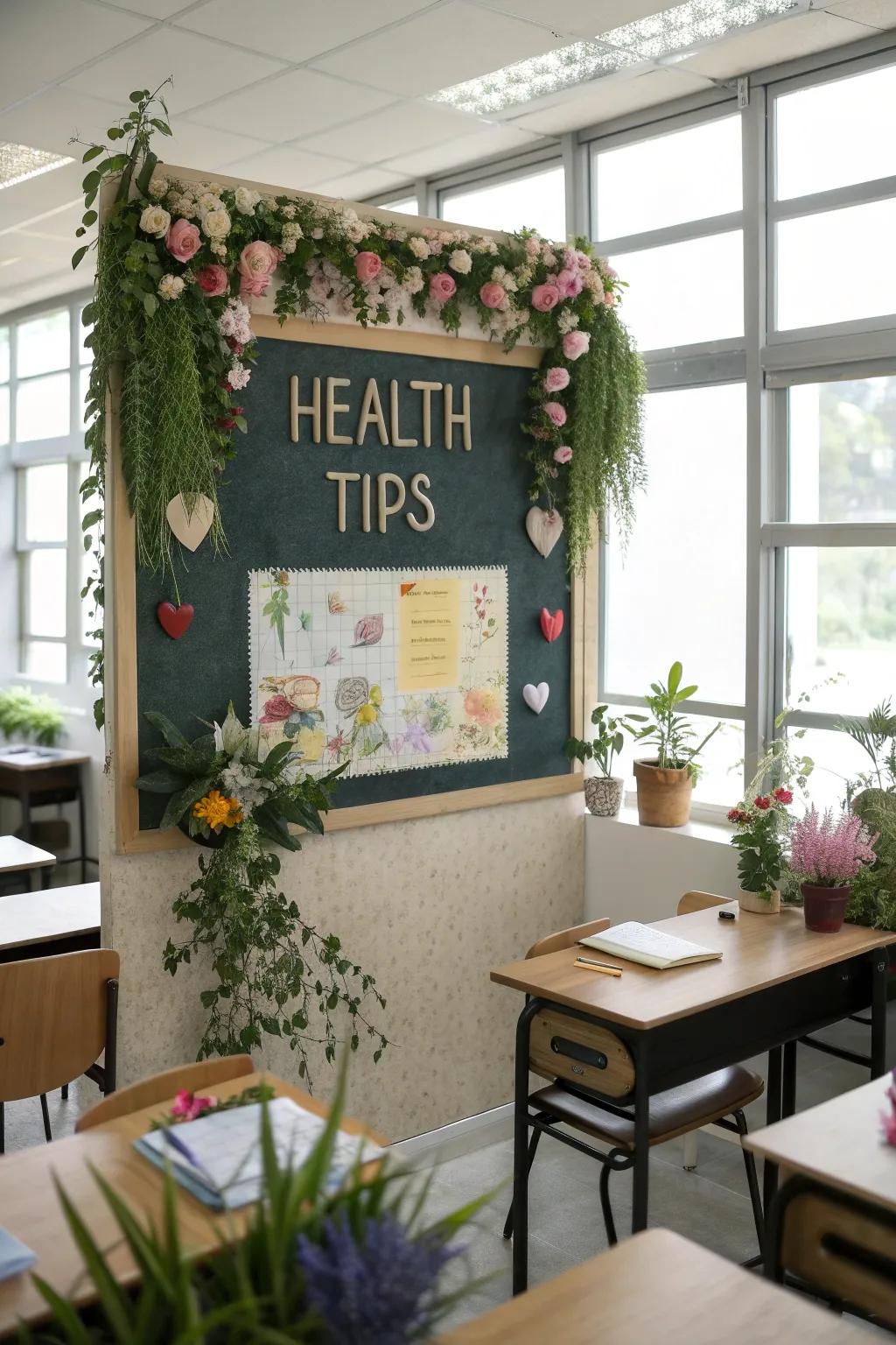 A health-focused bulletin board with tips and floral decorations for self-care.