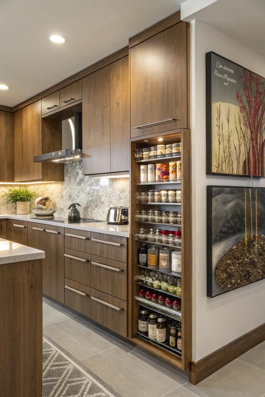 Kitchen with a hidden spice rack behind a piece of artwork.