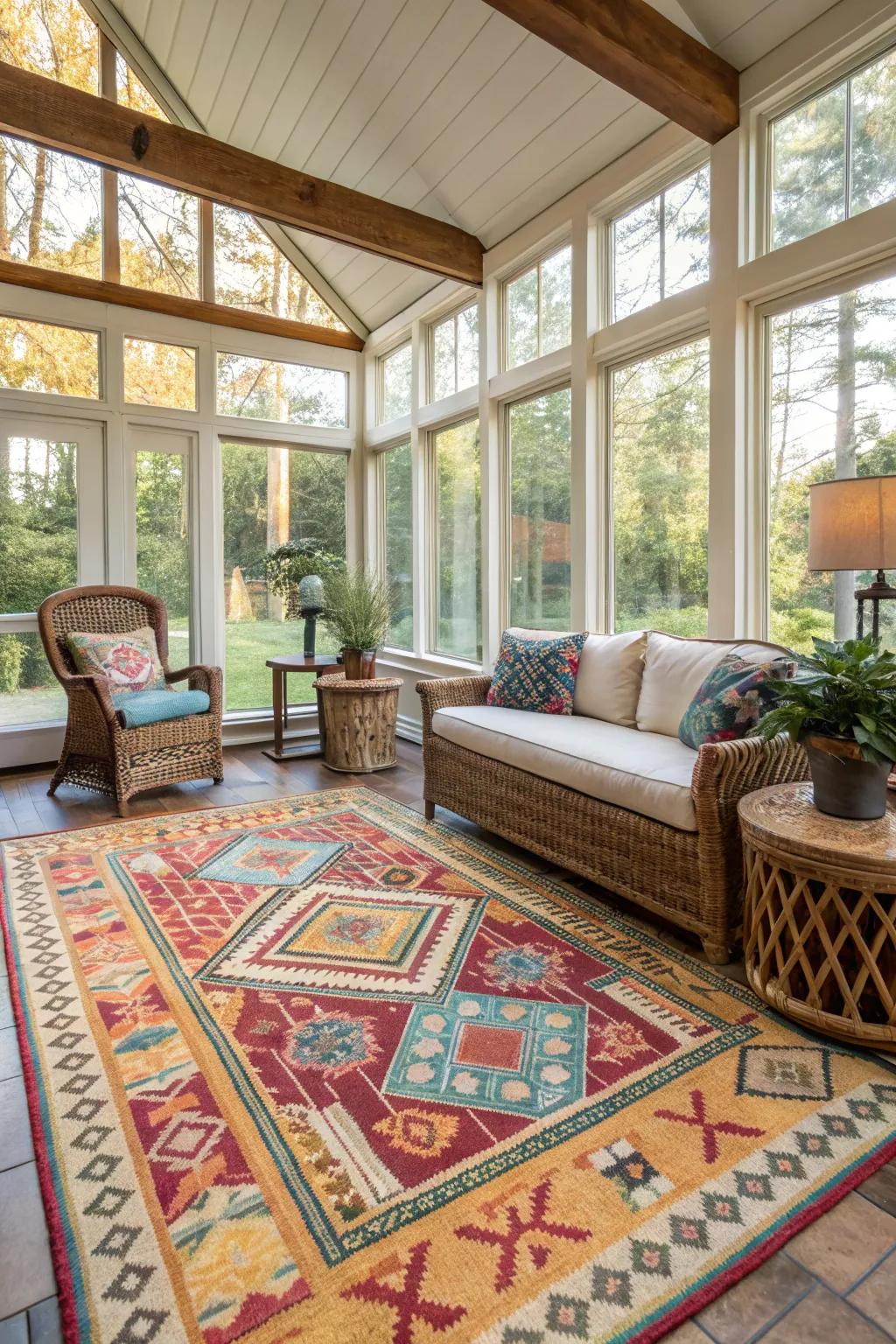 A patterned rug enhances the texture and style of the sunroom.