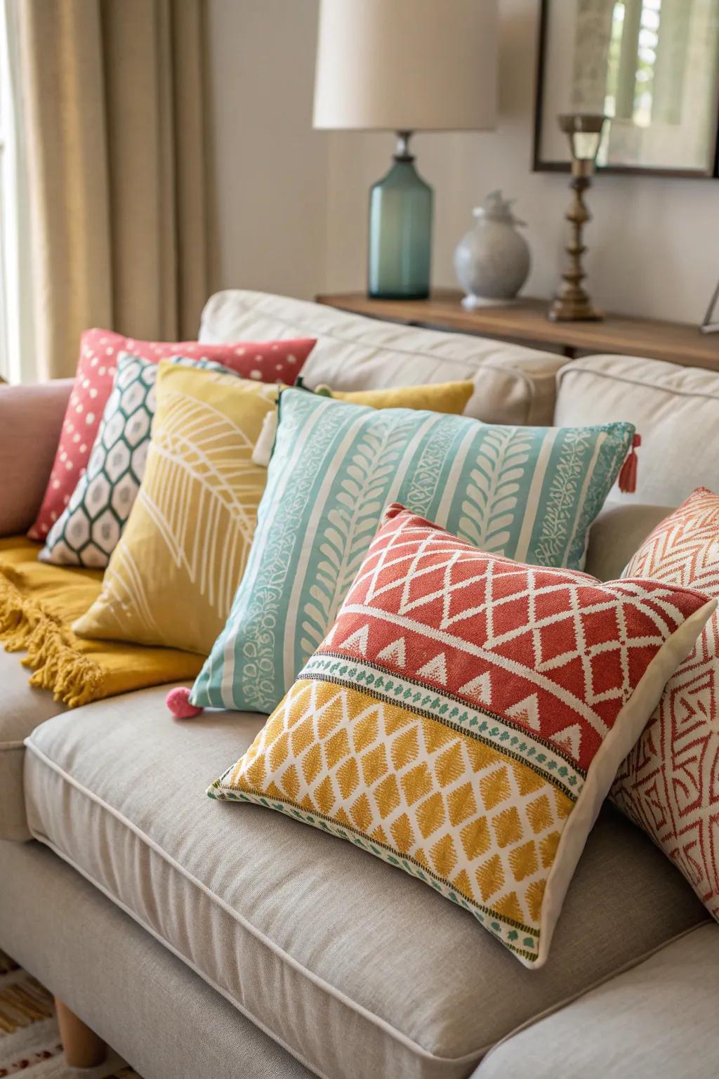 An engaging assortment of pillow sizes promoting a visually stimulating arrangement.