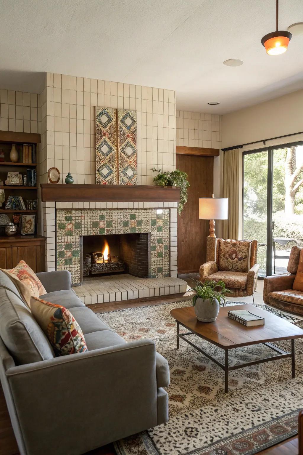Retro cladding brings mid-century modern magic to this stylish fireplace.