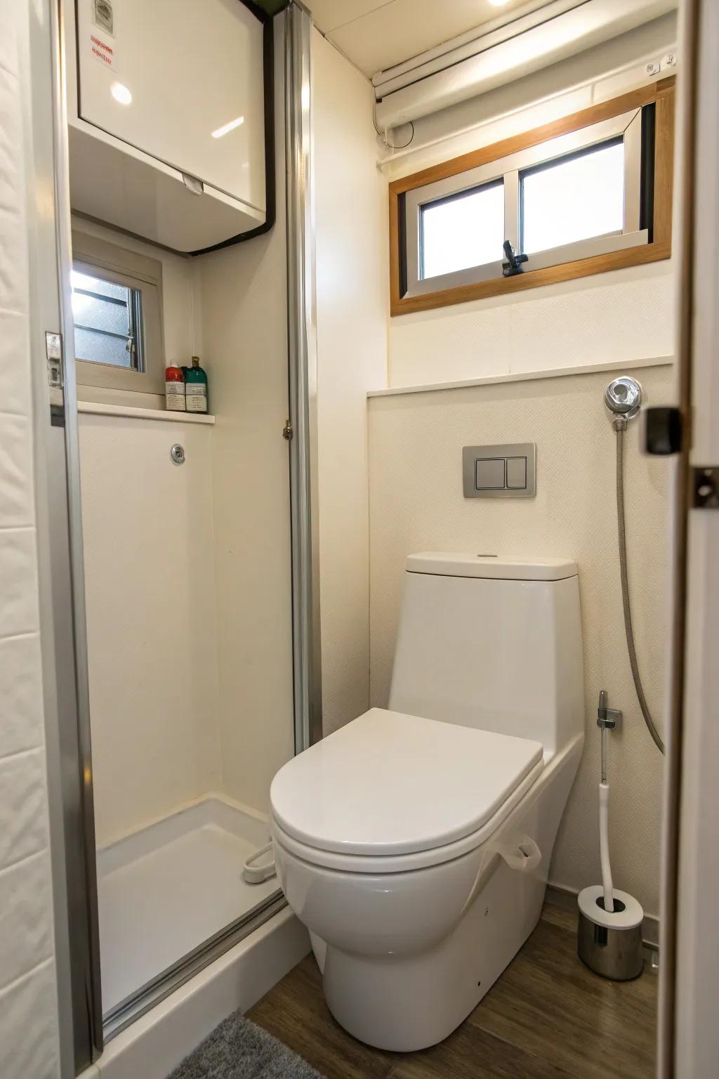 Innovative dual-purpose shower-toilet maximizing space in a small bathroom